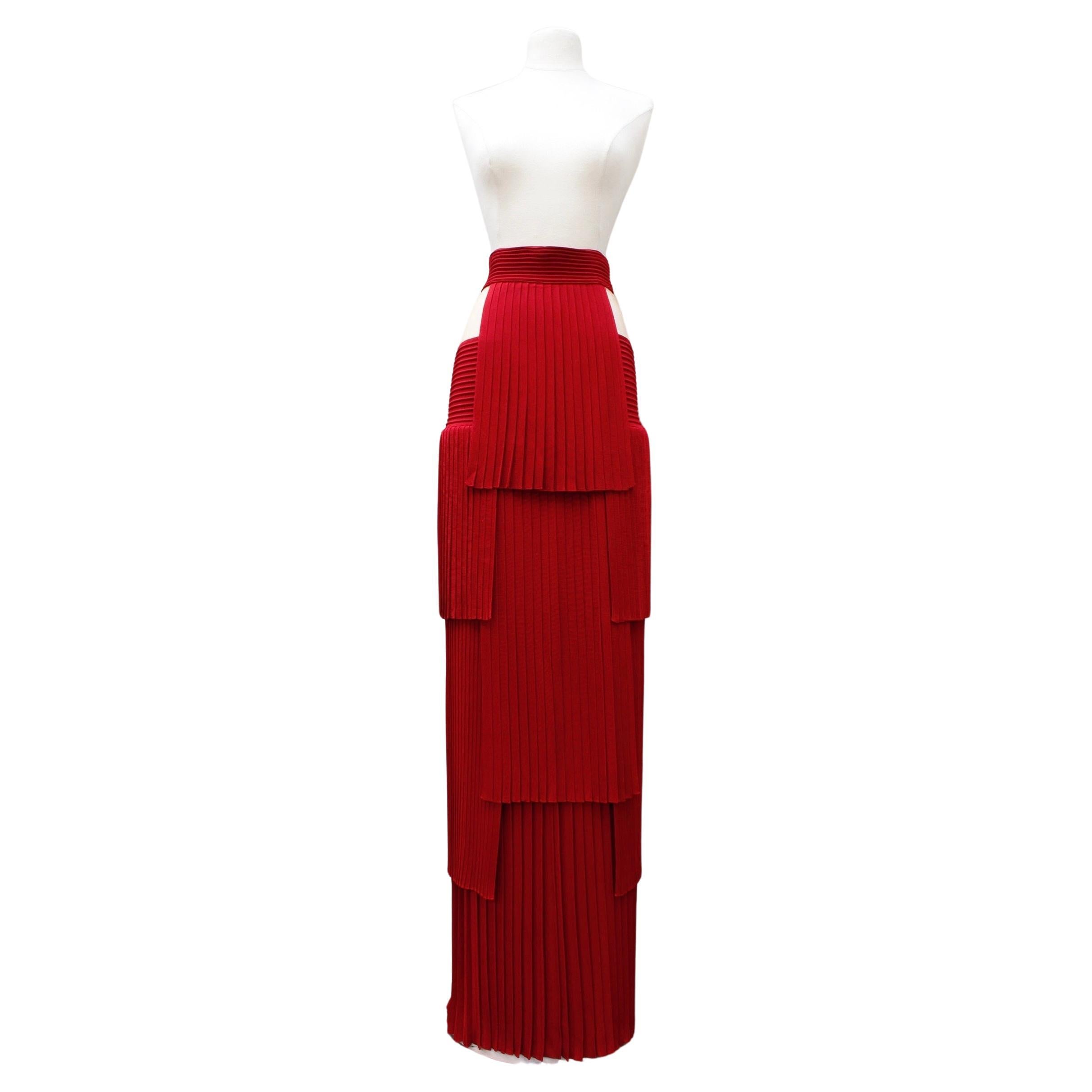 Balmain Red Pleated Skirt with Nude Mesh For Sale