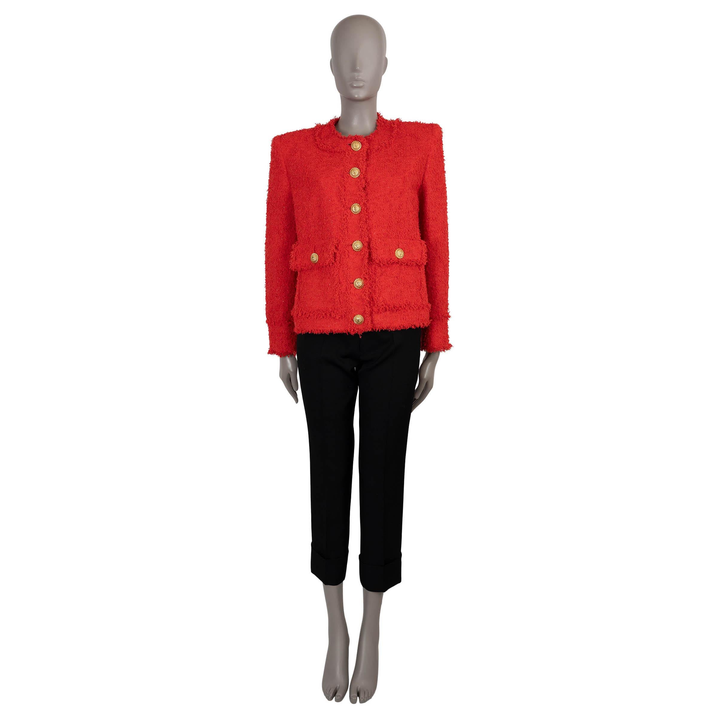 BALMAIN red polyamide 2024 CROPPED TWEED Jacket 44 L In Excellent Condition For Sale In Zürich, CH