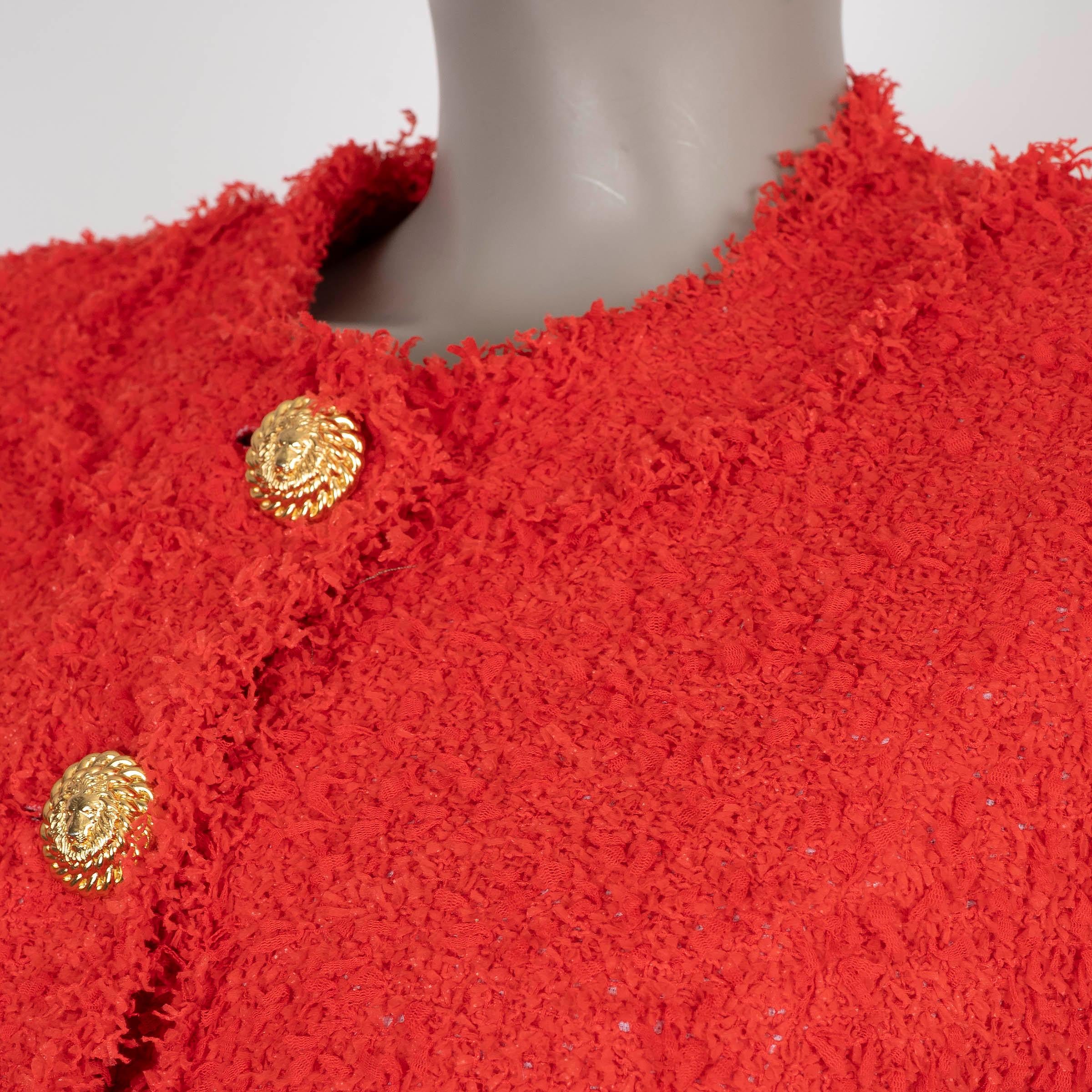 Women's BALMAIN red polyamide 2024 CROPPED TWEED Jacket 44 L For Sale