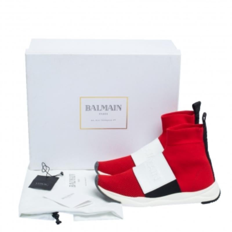 Women's Balmain Red Stretch Knit and Leather Embossed Logo High Top Sneakers Size 36.5 For Sale