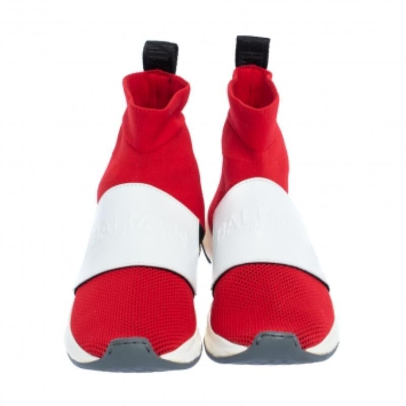 Balmain Red Stretch Knit and Leather Embossed Logo High Top Sneakers Size 36.5 For Sale 2