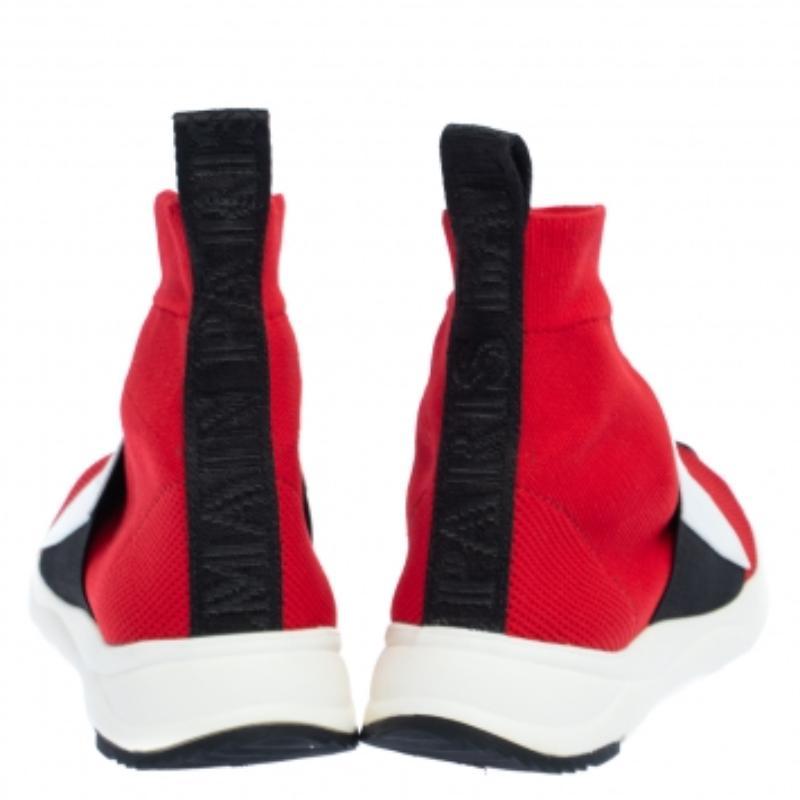 Balmain Red Stretch Knit and Leather Embossed Logo High Top Sneakers Size 36.5 For Sale 3