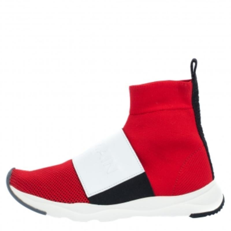 Balmain Red Stretch Knit and Leather Embossed Logo High Top Sneakers Size 36.5 For Sale 4