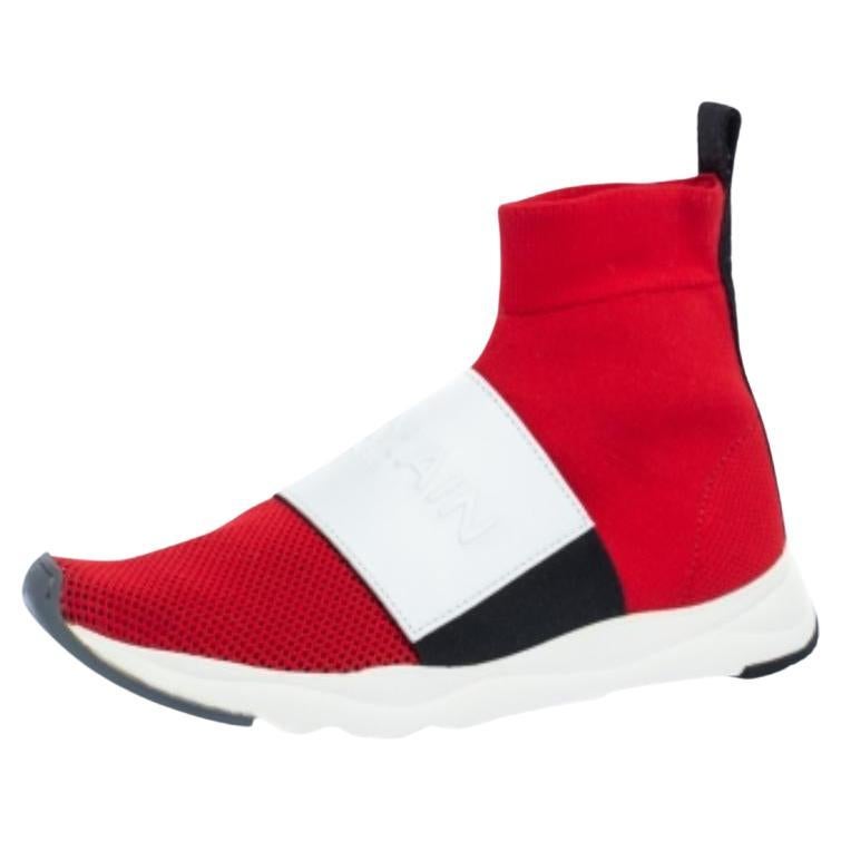 Balmain Red Stretch Knit and Leather Embossed Logo High Top Sneakers Size 36.5