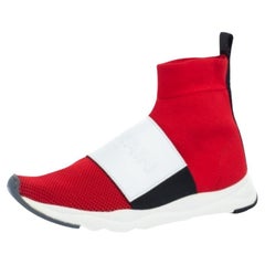 Balmain Red Stretch Knit and Leather Embossed Logo High Top Sneakers Size 36.5