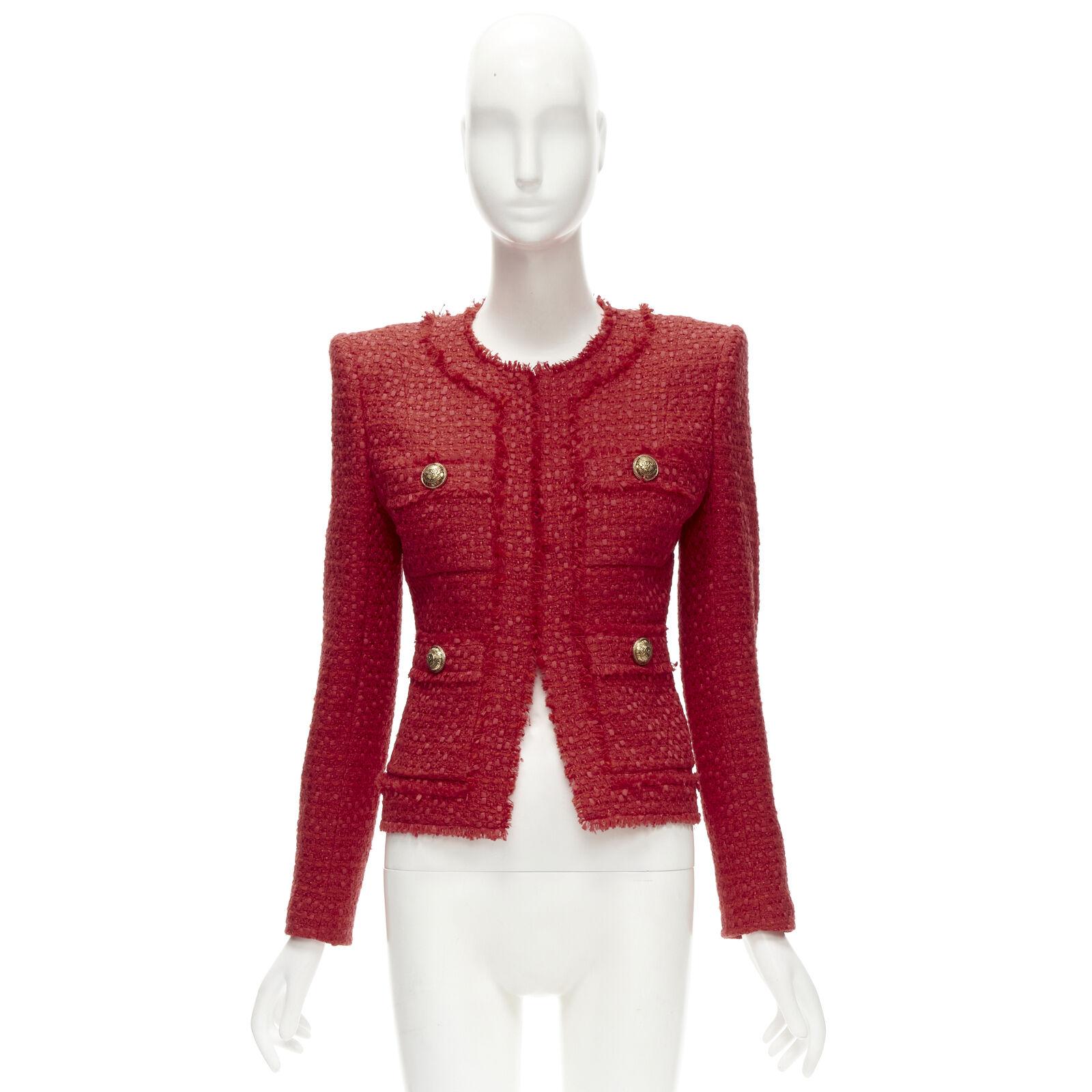 BALMAIN red tweed gold military button 4 pocket power blazer jacket FR34 XS 7