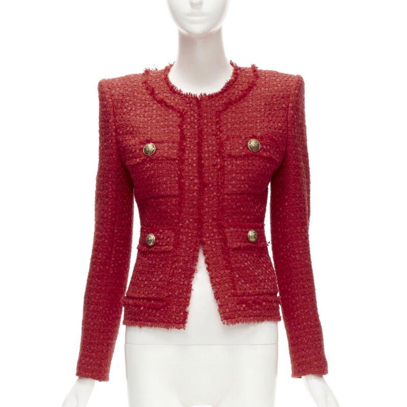 Red BALMAIN red tweed gold military button 4 pocket power blazer jacket FR34 XS For Sale