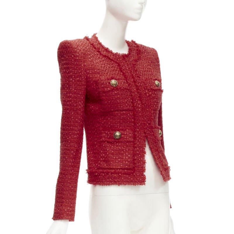 BALMAIN red tweed gold military button 4 pocket power blazer jacket FR34 XS In Excellent Condition For Sale In Hong Kong, NT