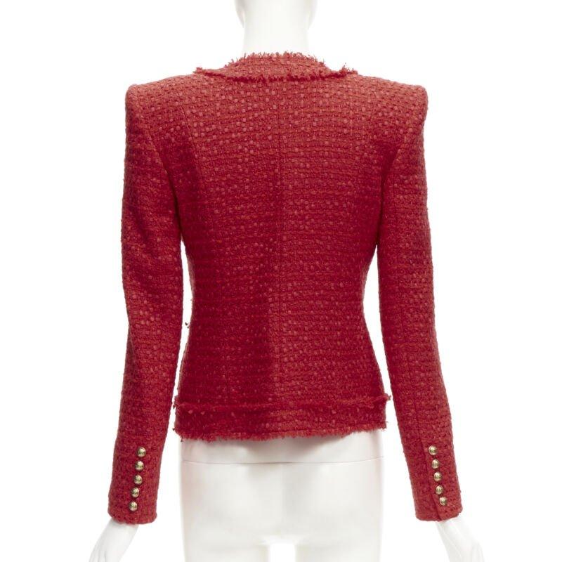BALMAIN red tweed gold military button 4 pocket power blazer jacket FR34 XS For Sale 1