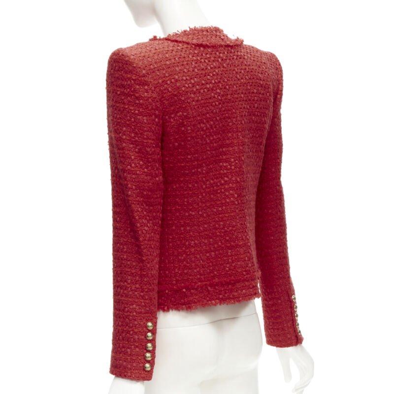 BALMAIN red tweed gold military button 4 pocket power blazer jacket FR34 XS For Sale 2