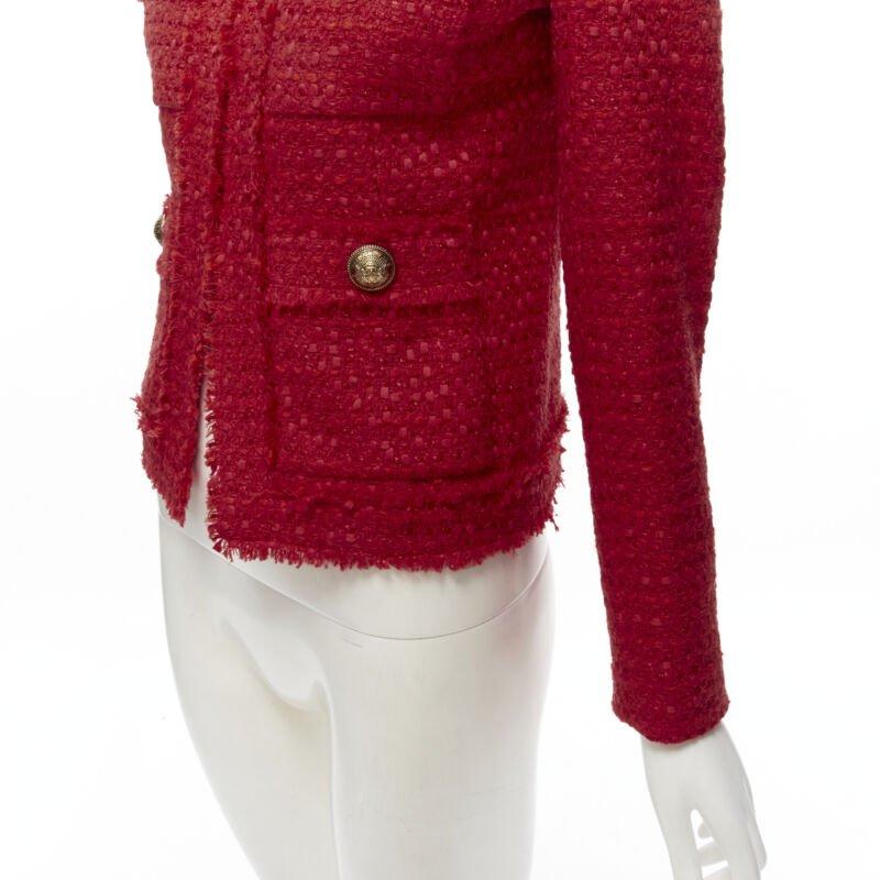 BALMAIN red tweed gold military button 4 pocket power blazer jacket FR34 XS For Sale 3