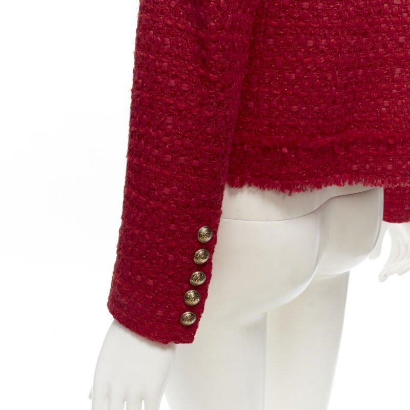 BALMAIN red tweed gold military button 4 pocket power blazer jacket FR34 XS For Sale 4
