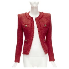 BALMAIN red tweed gold military button 4 pocket power blazer jacket FR34 XS