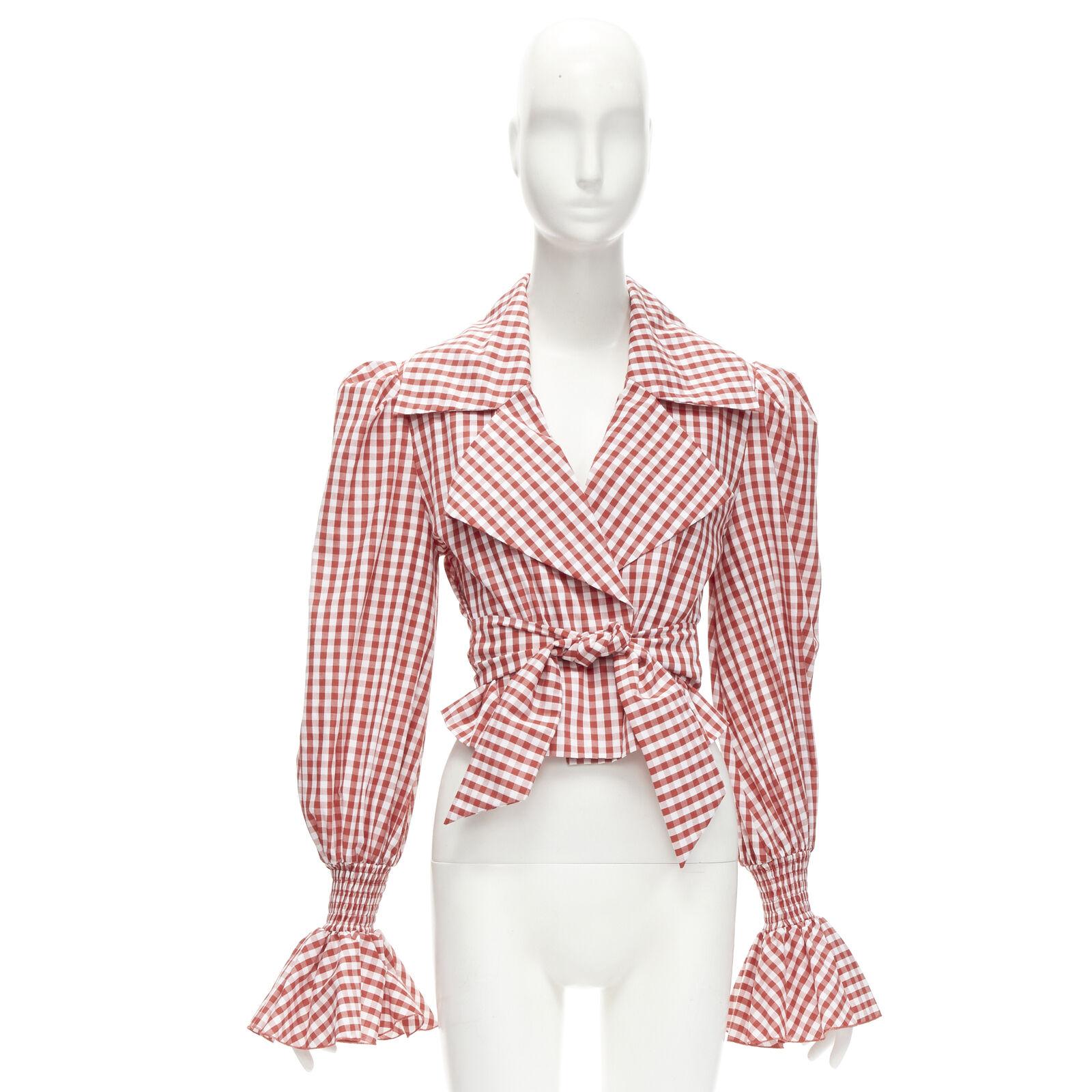BALMAIN red white gingham cotton tie belt bishop sleeves cottage top FR34 XS For Sale 6