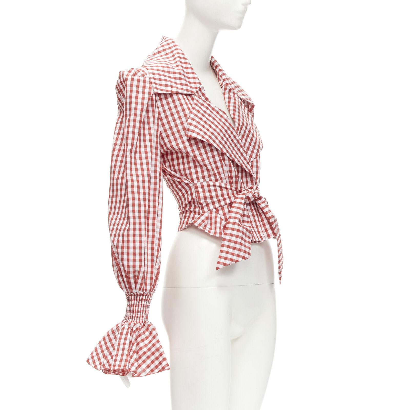 BALMAIN red white gingham cotton tie belt bishop sleeves cottage top FR34 XS In Good Condition For Sale In Hong Kong, NT