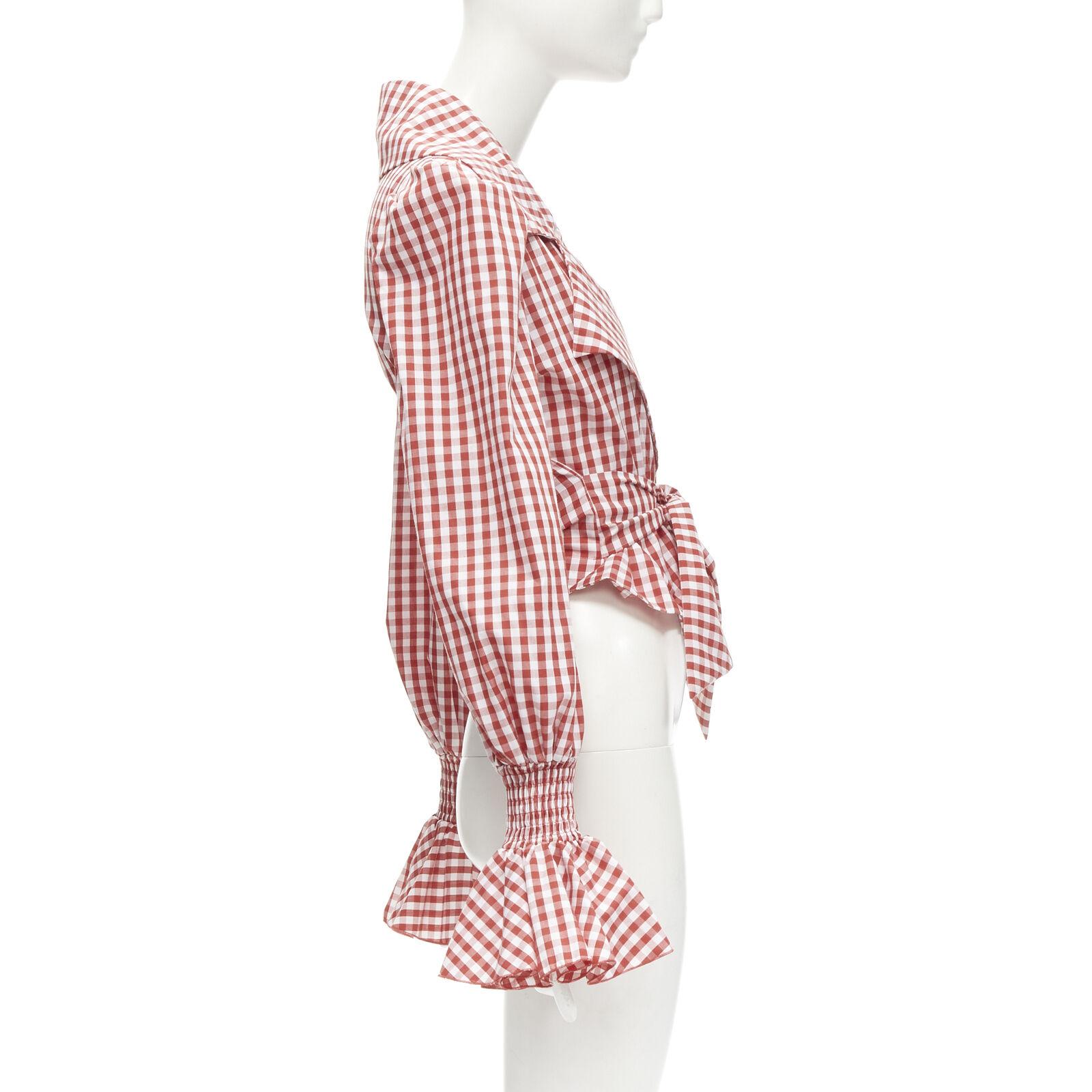 Women's BALMAIN red white gingham cotton tie belt bishop sleeves cottage top FR34 XS For Sale