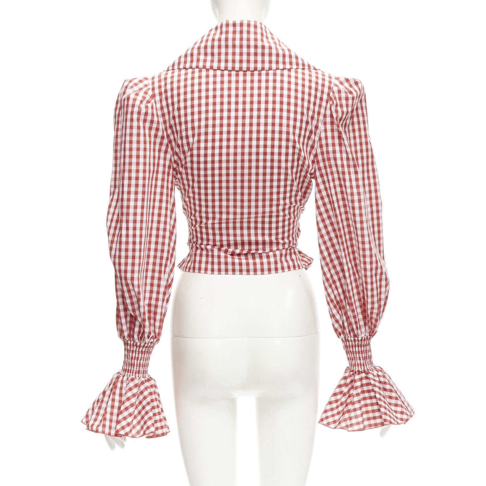 BALMAIN red white gingham cotton tie belt bishop sleeves cottage top FR34 XS For Sale 1