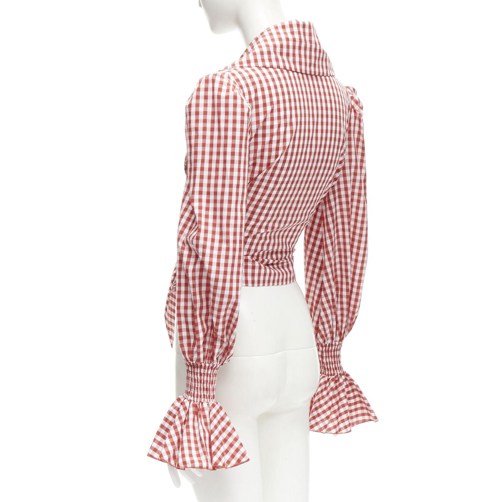 BALMAIN red white gingham cotton tie belt bishop sleeves cottage top FR34 XS For Sale 2