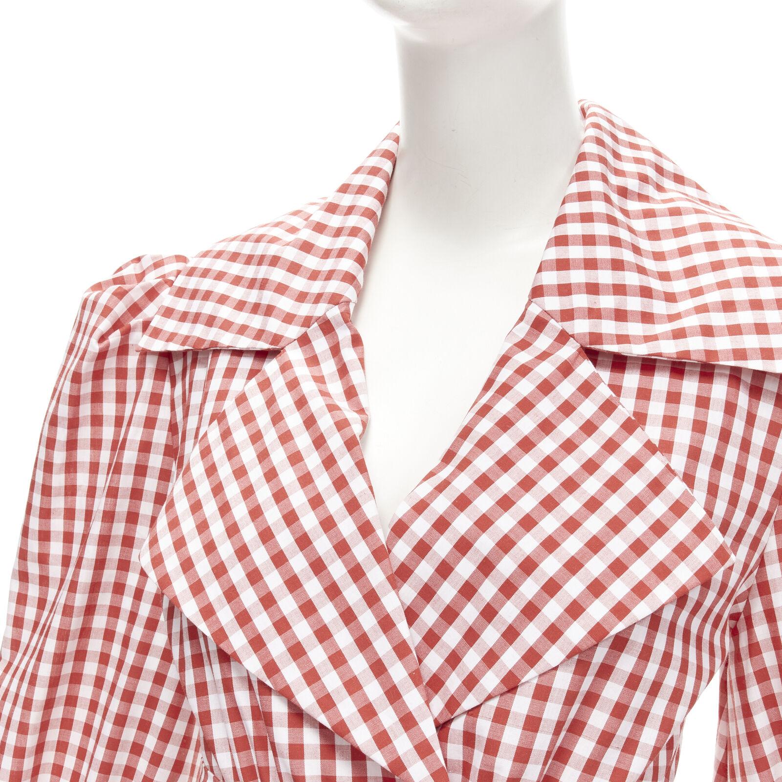 BALMAIN red white gingham cotton tie belt bishop sleeves cottage top FR34 XS For Sale 3