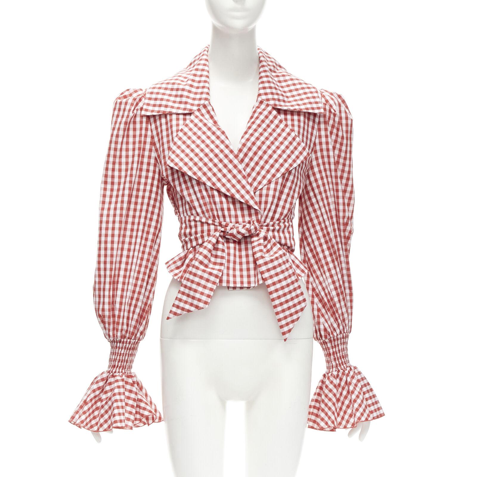 BALMAIN red white gingham cotton tie belt bishop sleeves cottage top FR34 XS For Sale