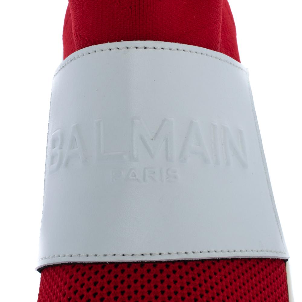Balmain Red/White Stretch Knit and Leather Logo High Top Sneakers Size 36.5 In Good Condition For Sale In Dubai, Al Qouz 2