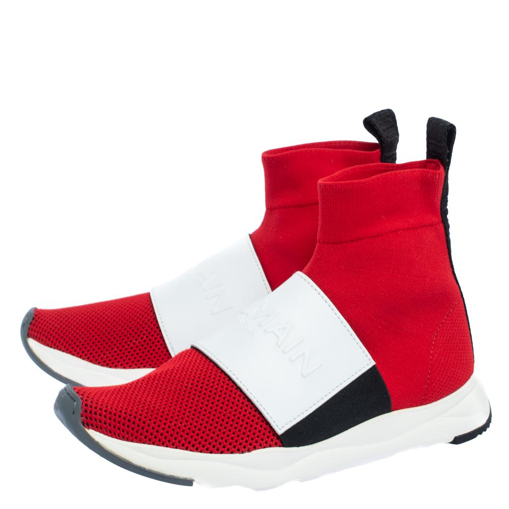 Balmain Red/White Stretch Knit and Leather Logo High Top Sneakers Size 36.5 For Sale 1