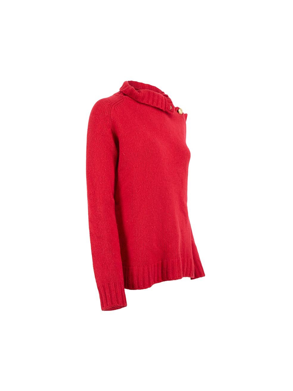CONDITION is Good. Minor wear to jumper is evident. Light wear to the front with small hole to the knit and a missing button at the neck on this used Balmain designer resale item.

Details
Red
Wool
Knit jumper
Turtleneck
Long sleeves
Gold buttoned