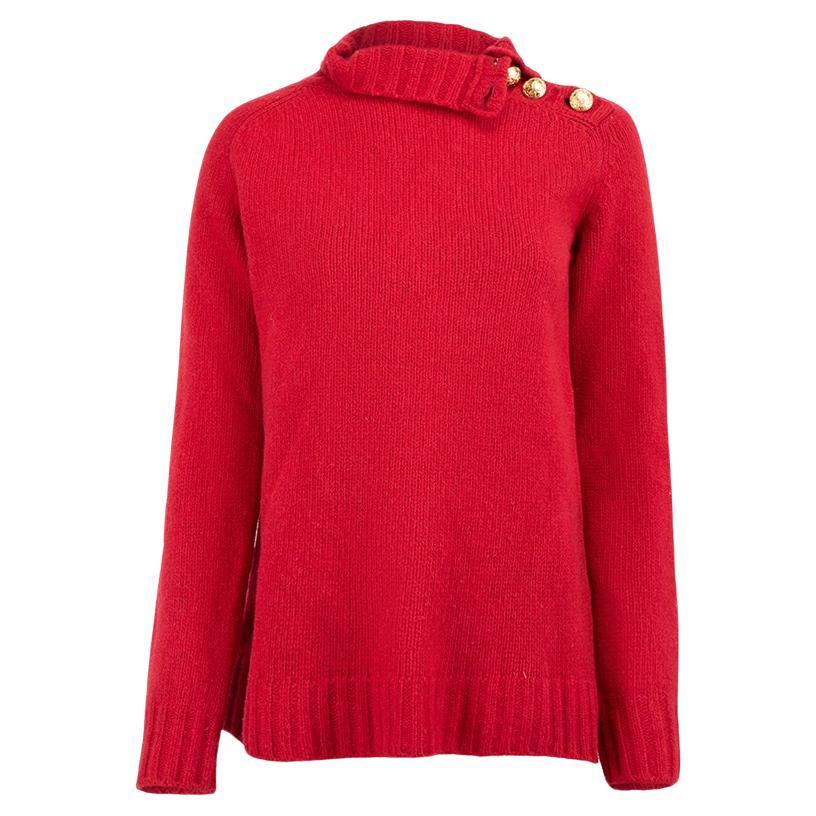 Balmain Red Wool Knit Buttoned Turtleneck Jumper Size XXL For Sale
