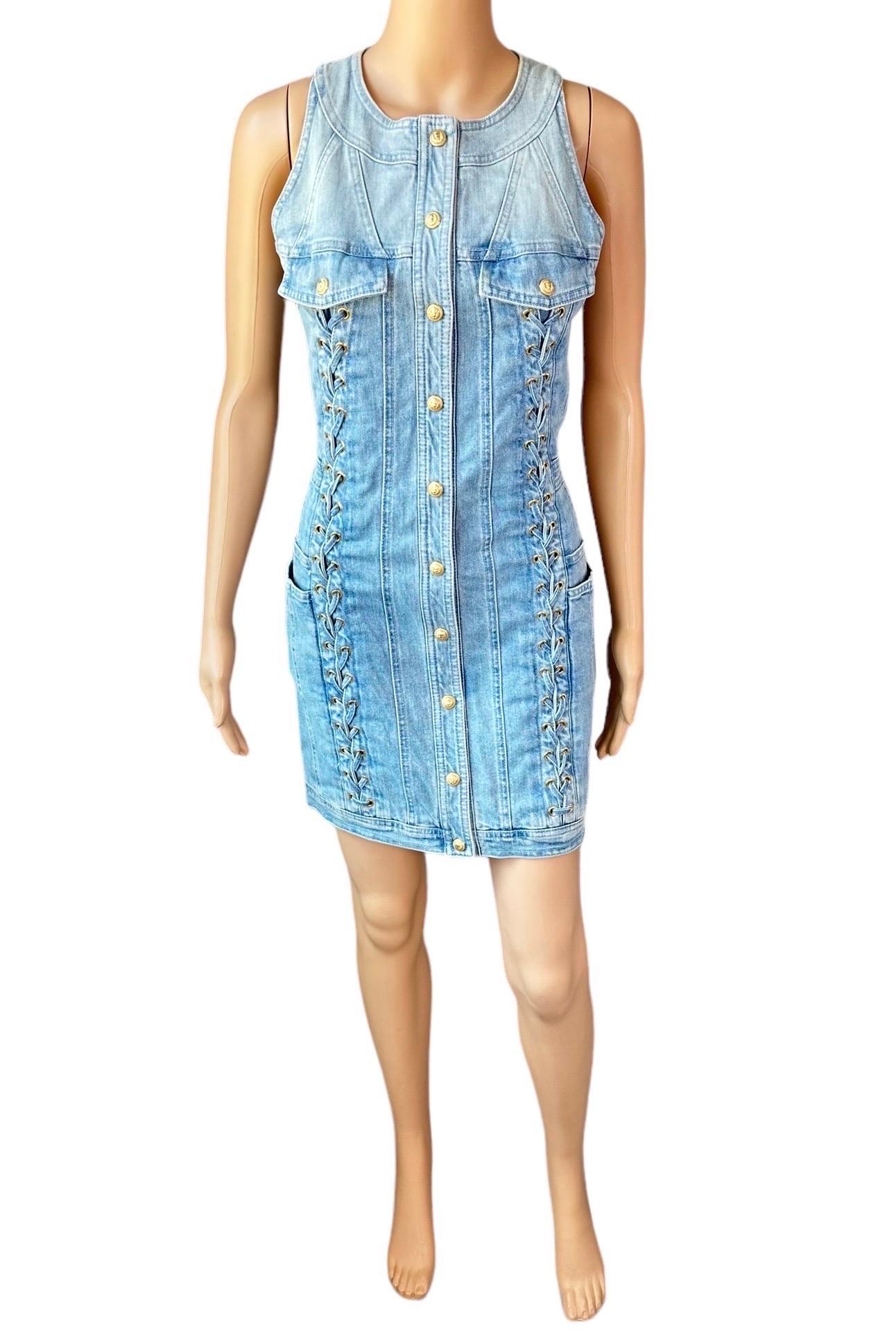 Balmain Resort 2016 Denim Lace Up Mini Dress In Good Condition For Sale In Naples, FL