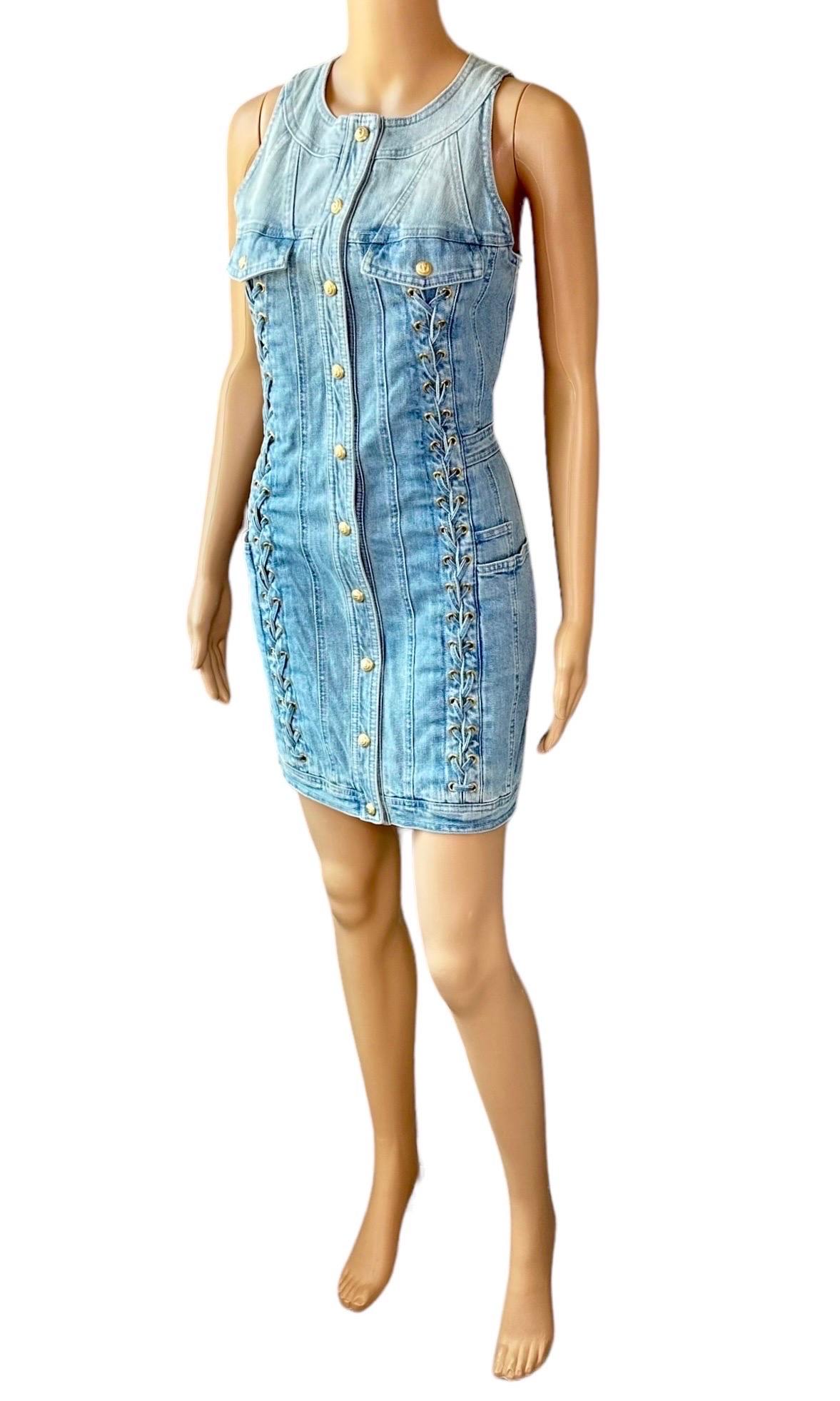 Women's Balmain Resort 2016 Denim Lace Up Mini Dress For Sale
