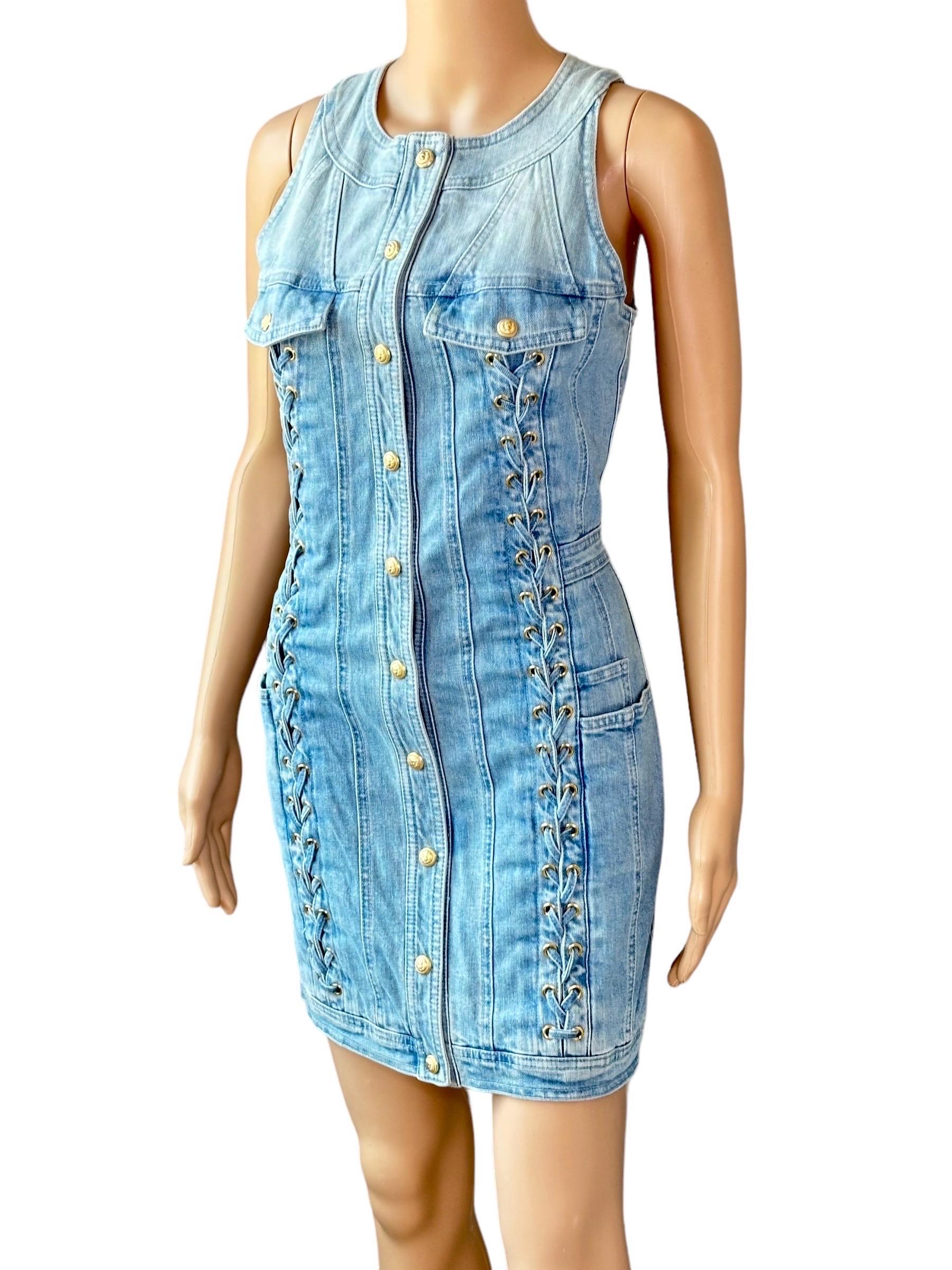 Balmain Resort 2016 Denim Lace Up Mini Dress For Sale 2