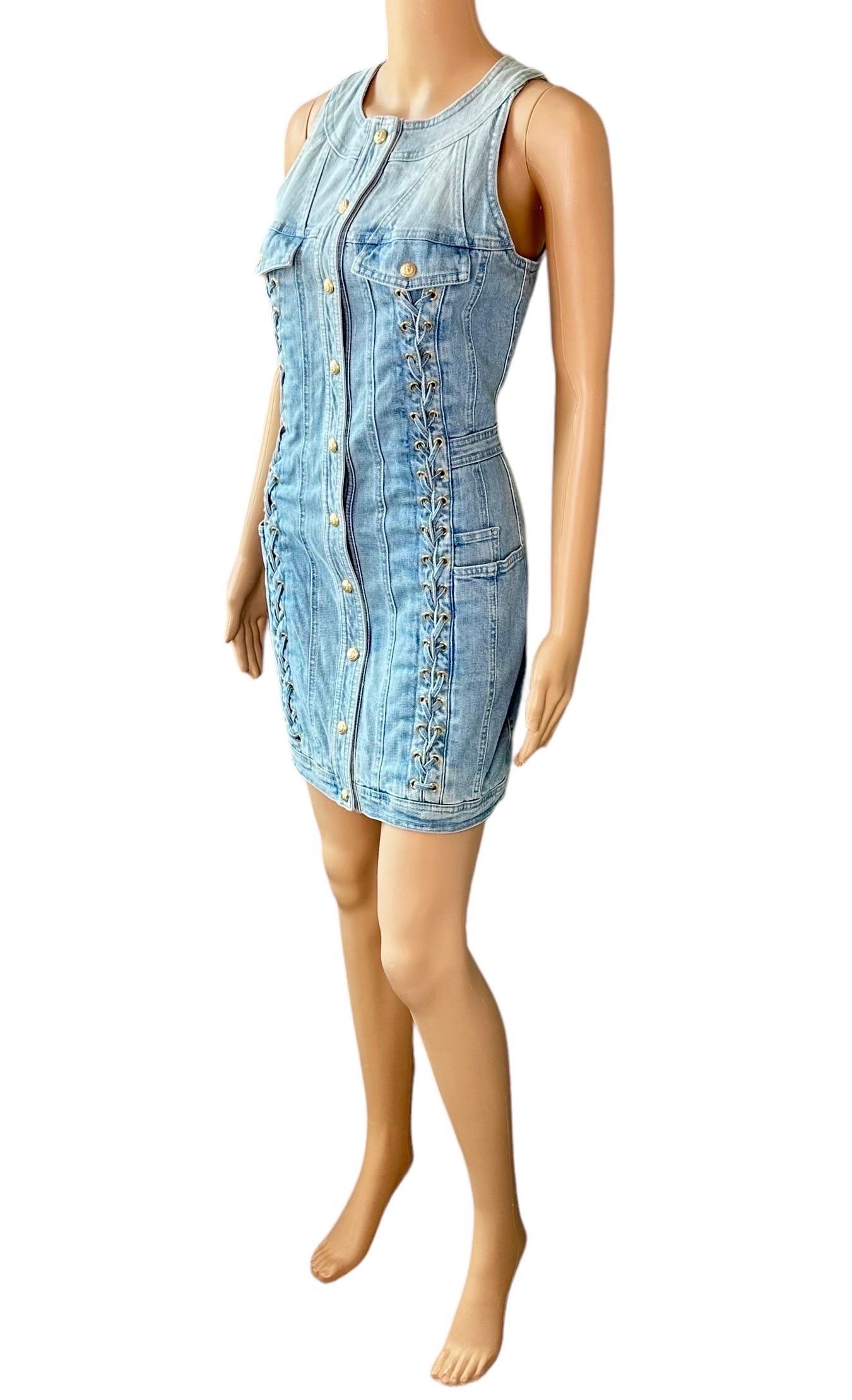 Balmain Resort 2016 Denim Lace Up Mini Dress For Sale 3