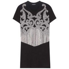 BALMAIN Rhinestone& Crystal Fringe Black Cotton Shirt FR36 US2-4