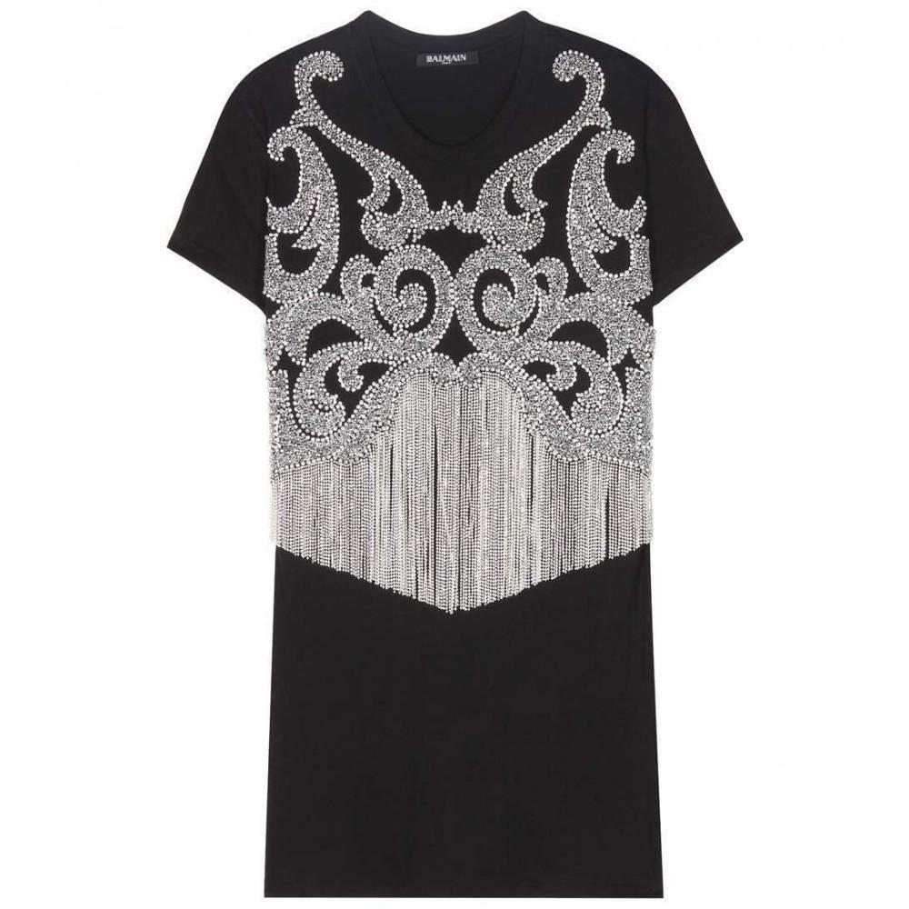 BALMAIN Rhinestone& Crystal Fringe Black Cotton Shirt FR38 US4-6 For Sale