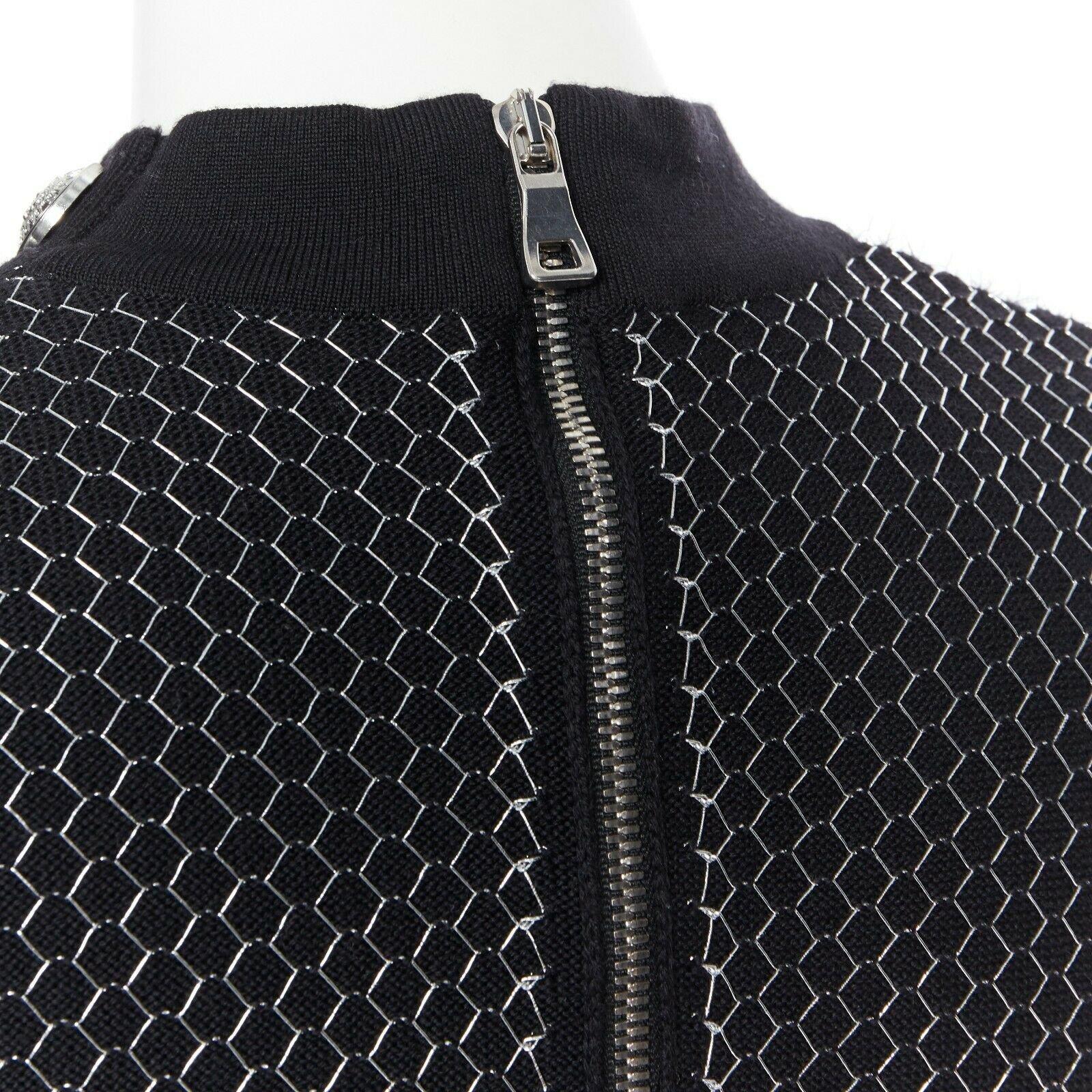 BALMAIN ROUSTEING black silver thread fluffy military button bodycon dress S 4