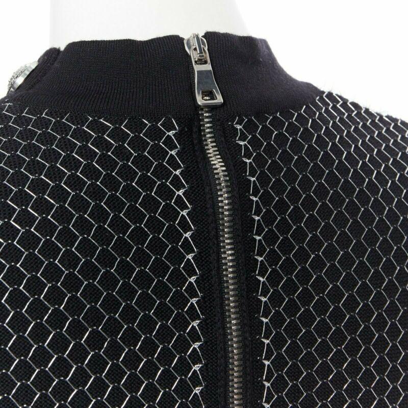 BALMAIN ROUSTEING black silver thread fluffy military button bodycon dress S For Sale 5