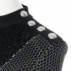 BALMAIN ROUSTEING black silver thread fluffy military button bodycon dress S