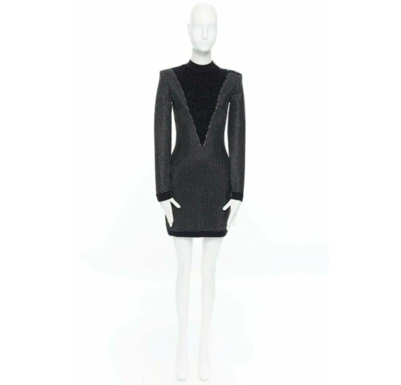 Black BALMAIN ROUSTEING black silver thread fluffy military button bodycon dress S For Sale