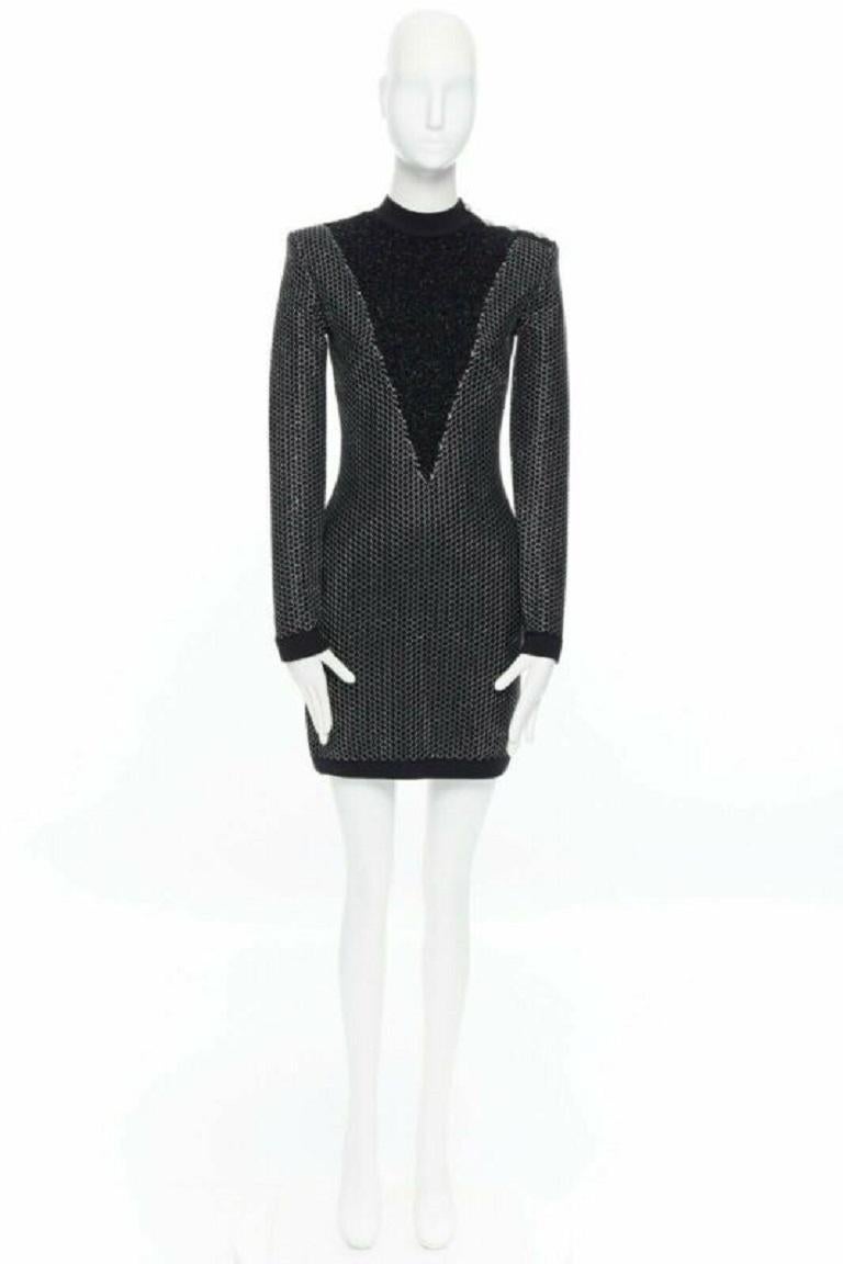 Black BALMAIN ROUSTEING black silver thread fluffy military button bodycon dress S For Sale