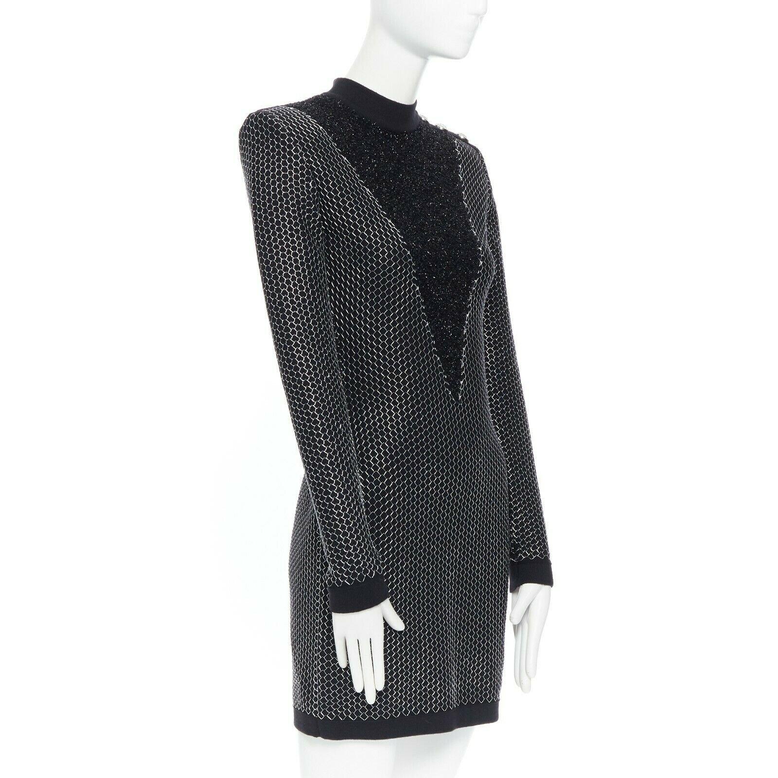 Black BALMAIN ROUSTEING black silver thread fluffy military button bodycon dress S