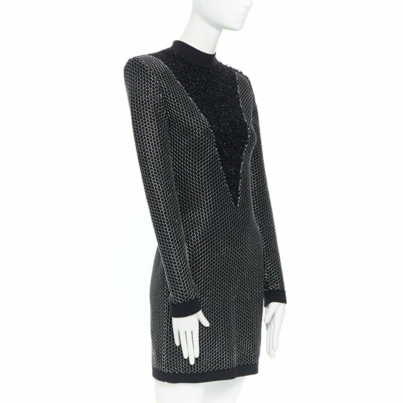 BALMAIN ROUSTEING black silver thread fluffy military button bodycon dress S In Good Condition For Sale In Hong Kong, NT