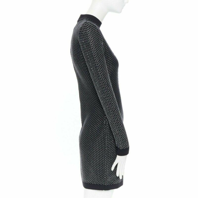 Women's BALMAIN ROUSTEING black silver thread fluffy military button bodycon dress S For Sale