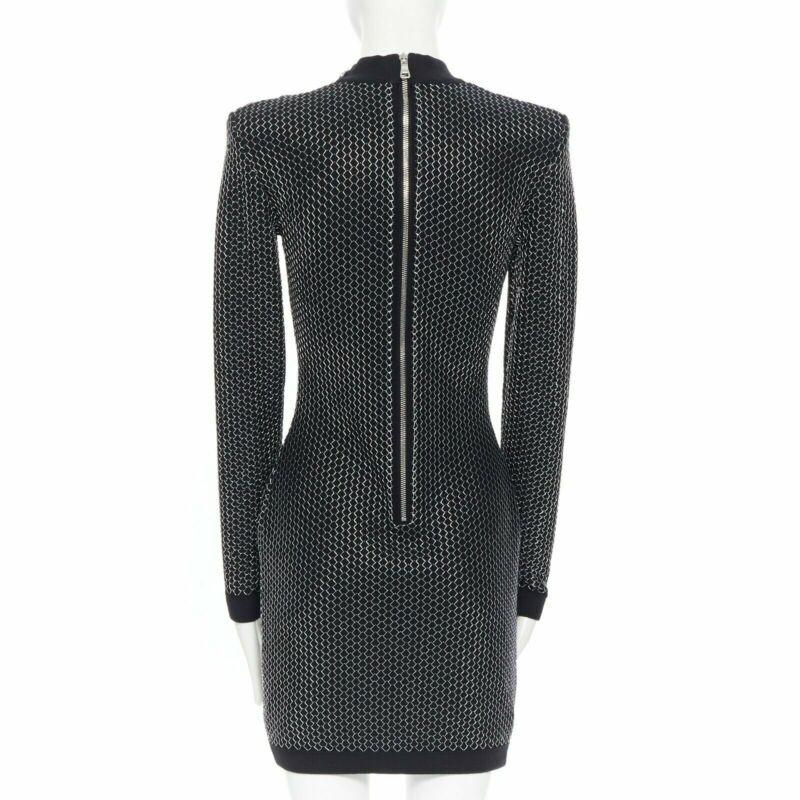 BALMAIN ROUSTEING black silver thread fluffy military button bodycon dress S For Sale 1