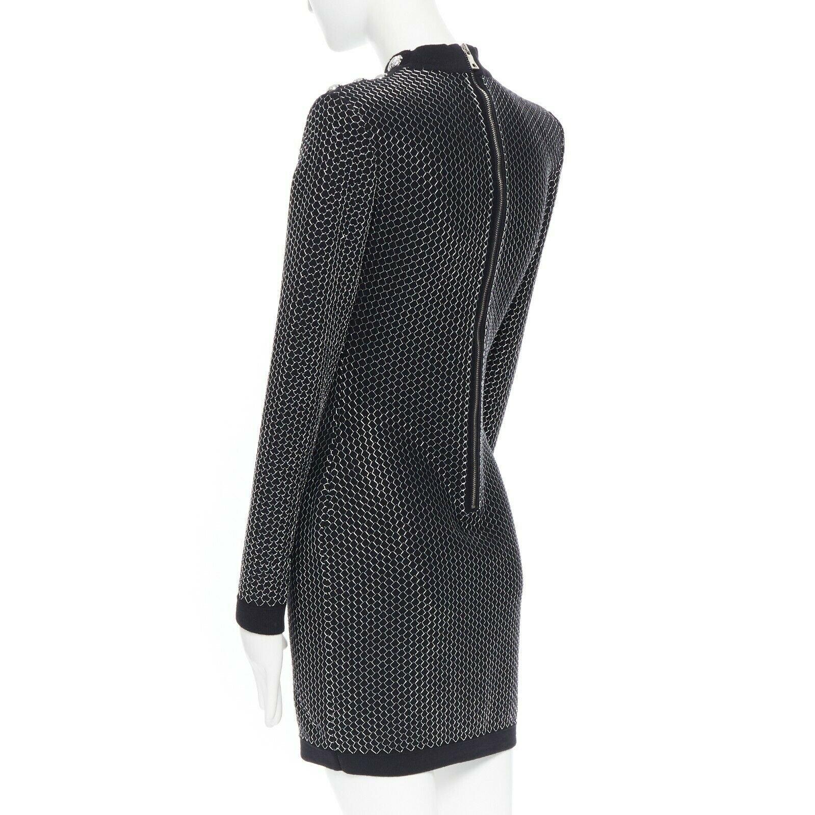 BALMAIN ROUSTEING black silver thread fluffy military button bodycon dress S 1
