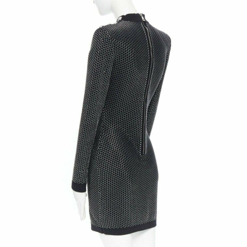 BALMAIN ROUSTEING black silver thread fluffy military button bodycon dress S For Sale 2