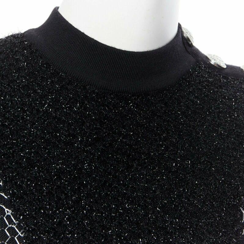 BALMAIN ROUSTEING black silver thread fluffy military button bodycon dress S For Sale 4