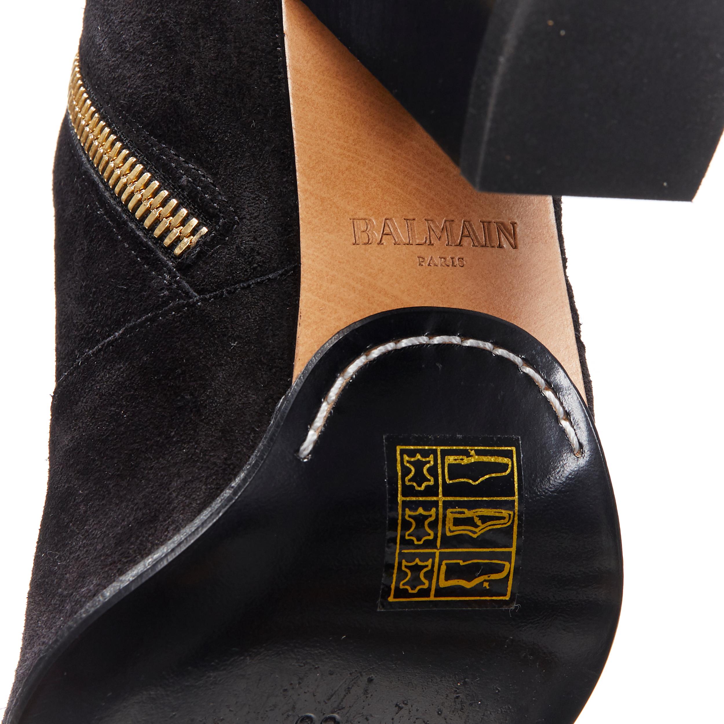 BALMAIN ROUSTEING black suede point toe dual gold zip chunky heel bootie EU36 7