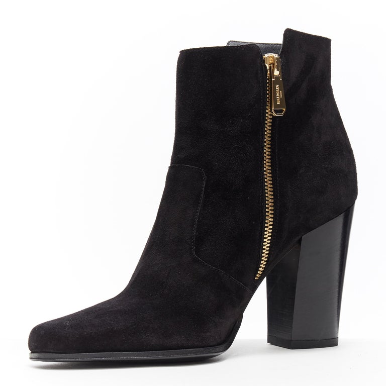 BALMAIN ROUSTEING black suede point toe dual gold zip chunky heel ...