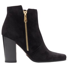 BALMAIN ROUSTEING black suede point toe dual gold zip chunky heel ...