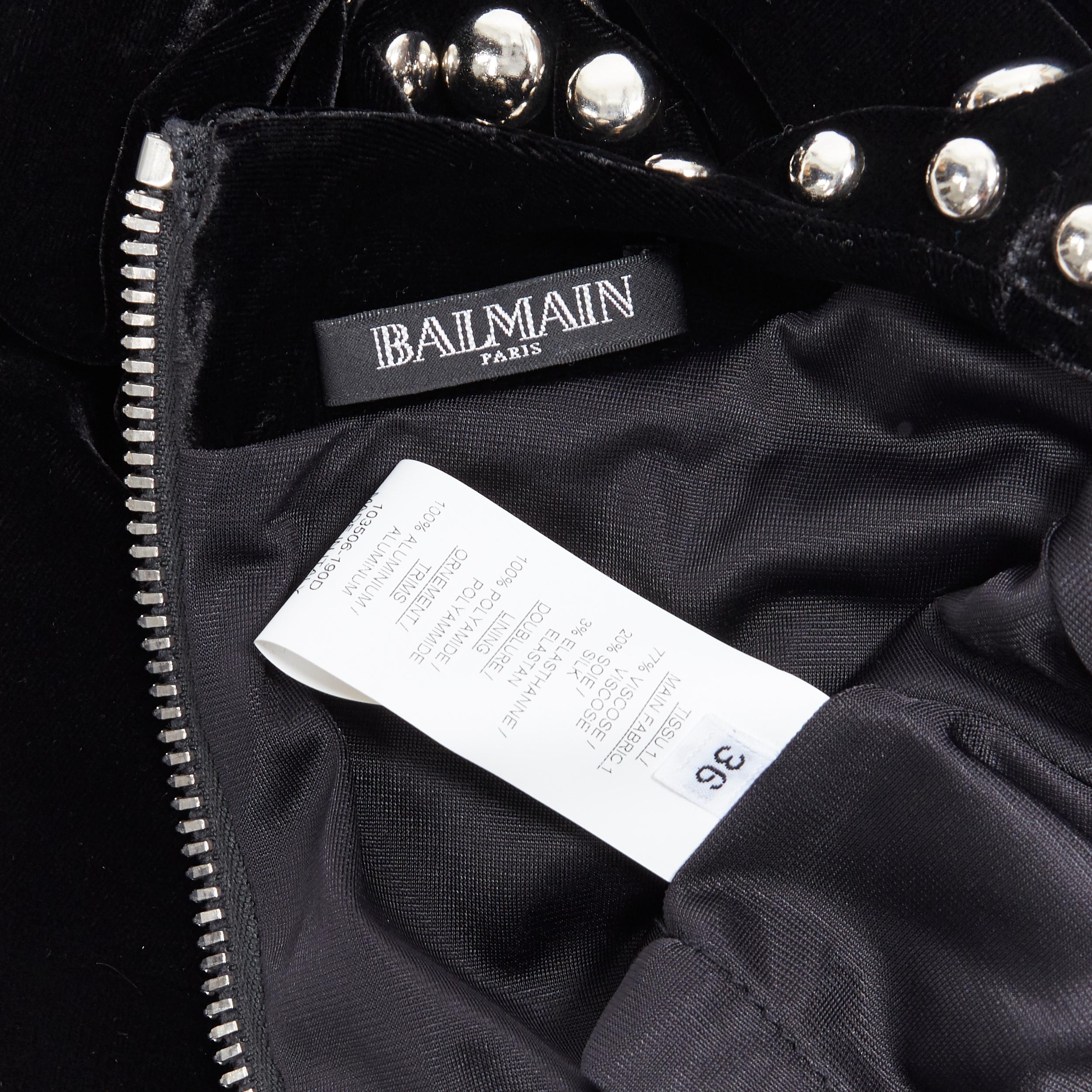 BALMAIN ROUSTEING black velvet silver stud embellished V-neck mini dress FR36 S 3